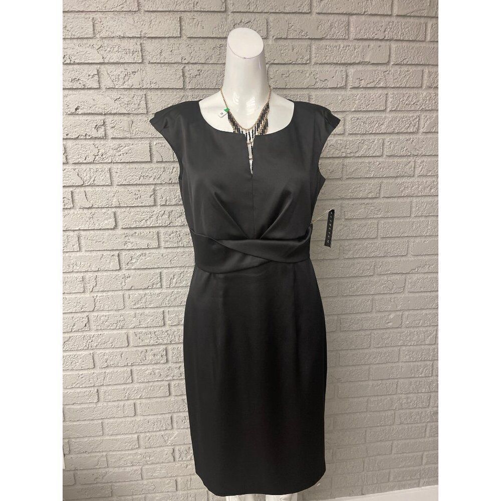 AB Studio Women Black Cap Sleeve Twist Waist Sheath Dress Size 8 NWT
